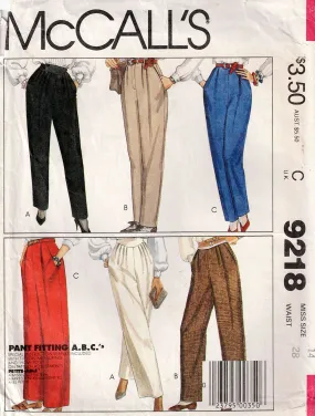 McCall's 9218 Womens Retro Pleat Front Pants 1980s Vintage Sewing Pattern Size 14