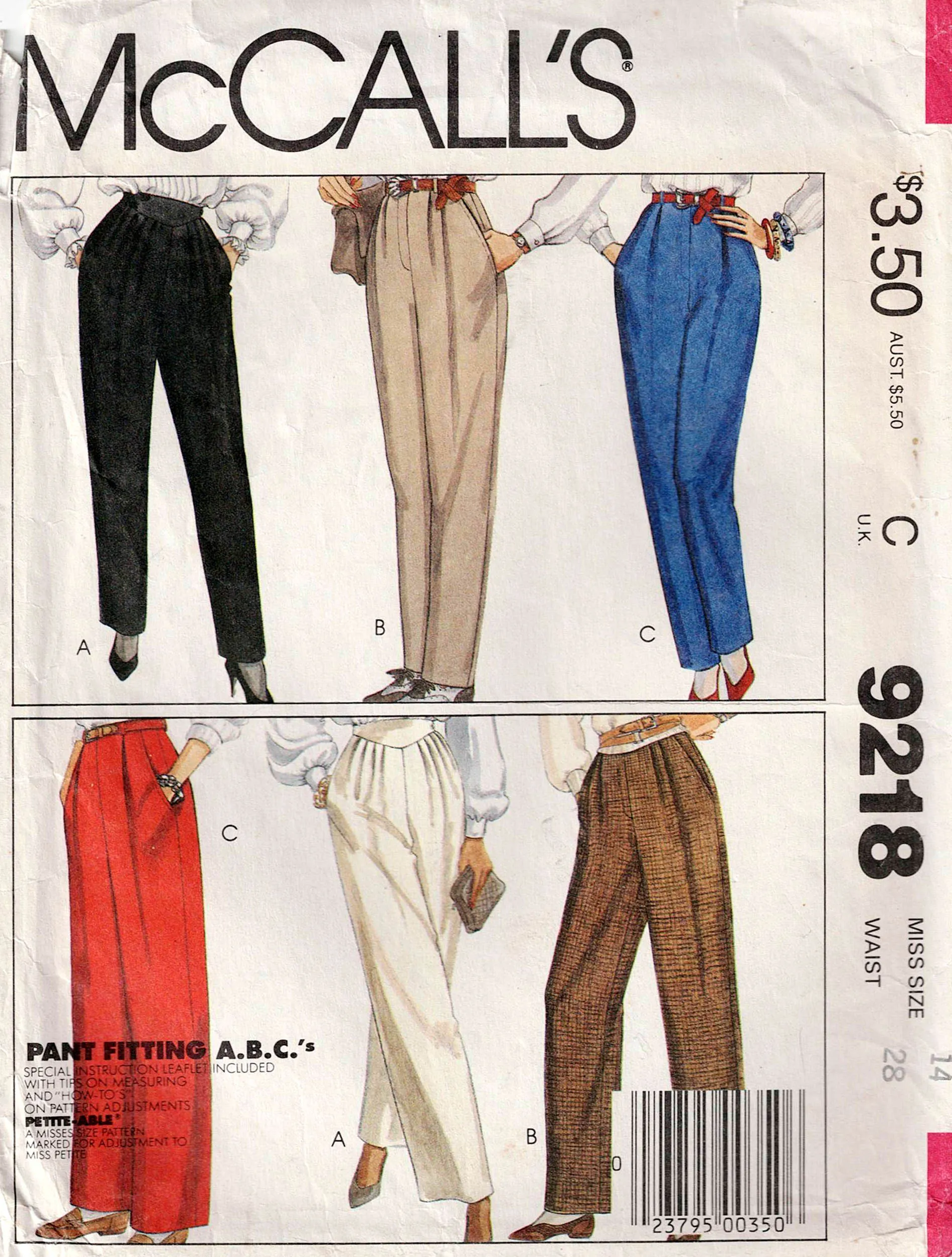 McCall's 9218 Womens Retro Pleat Front Pants 1980s Vintage Sewing Pattern Size 14