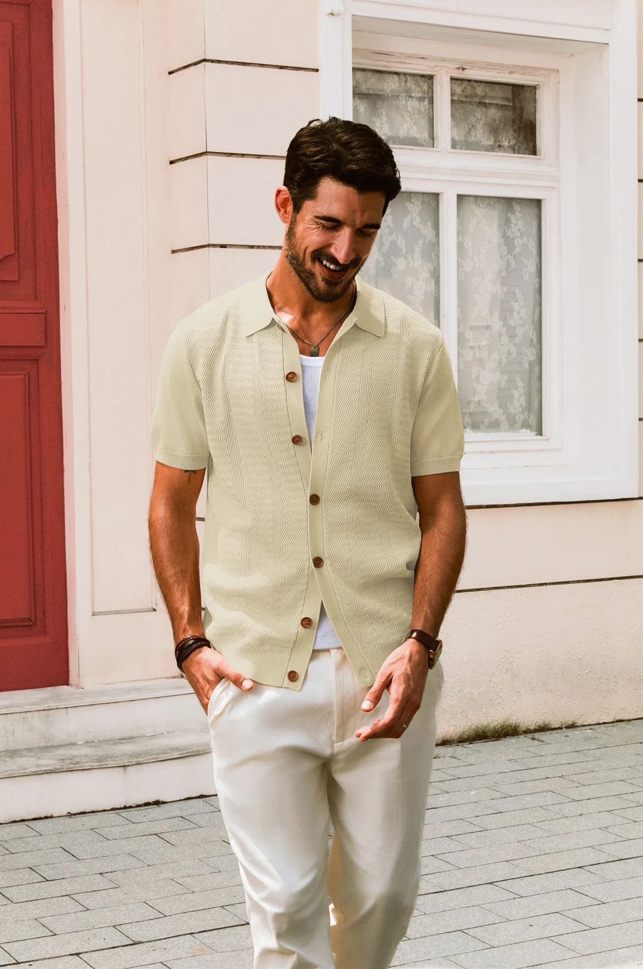 Men Textured Cardigan Sweater Short Sleeve Lapel Collar Button-up Knitwear