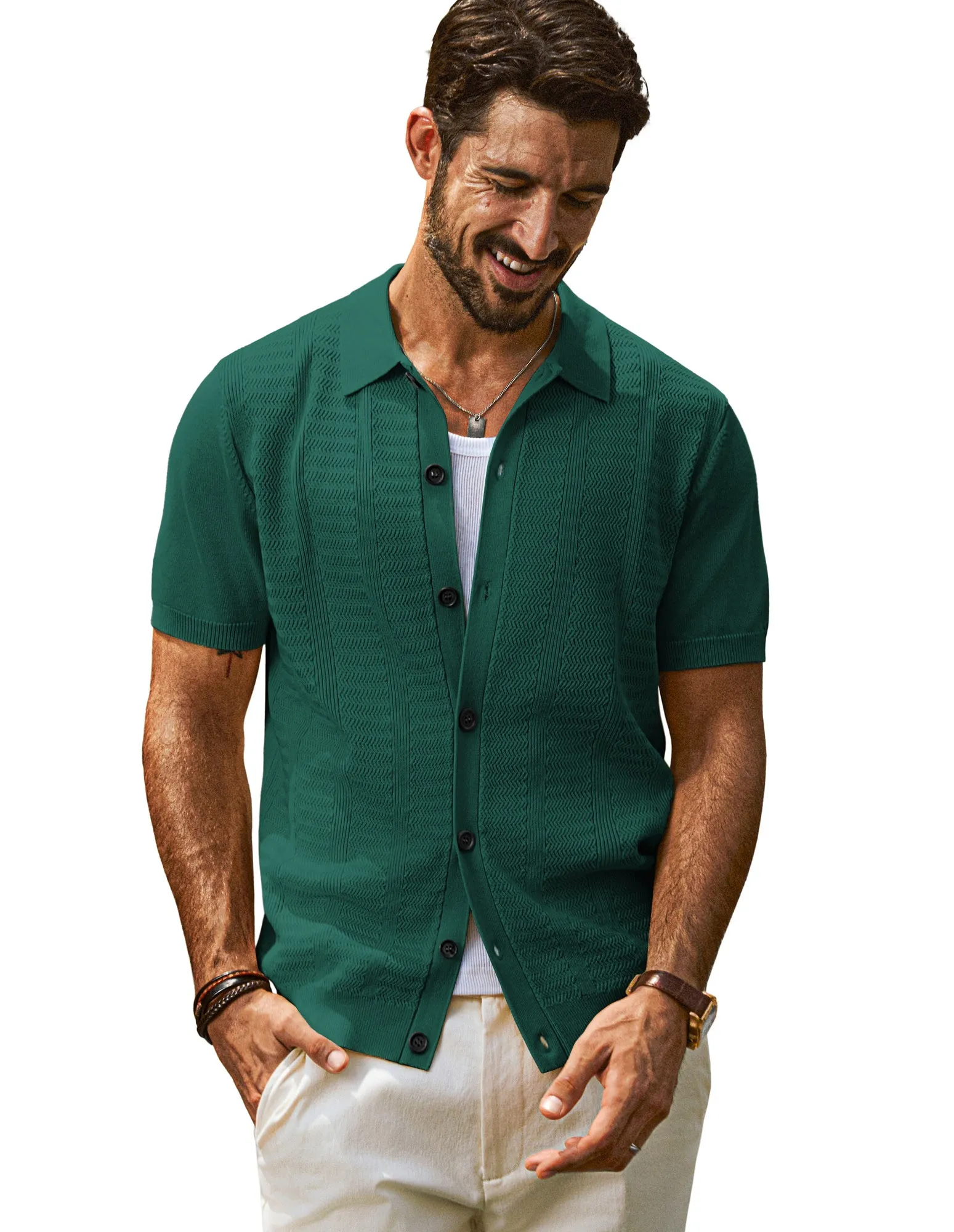 Men Textured Cardigan Sweater Short Sleeve Lapel Collar Button-up Knitwear