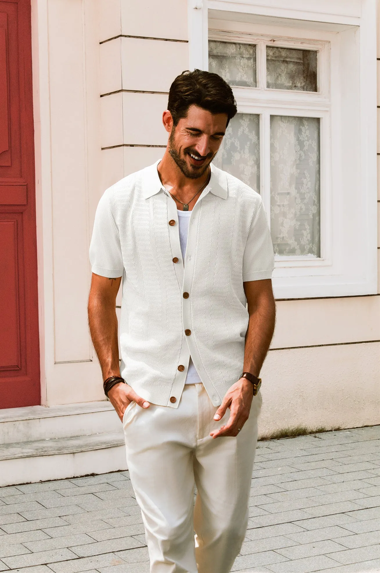 Men Textured Cardigan Sweater Short Sleeve Lapel Collar Button-up Knitwear