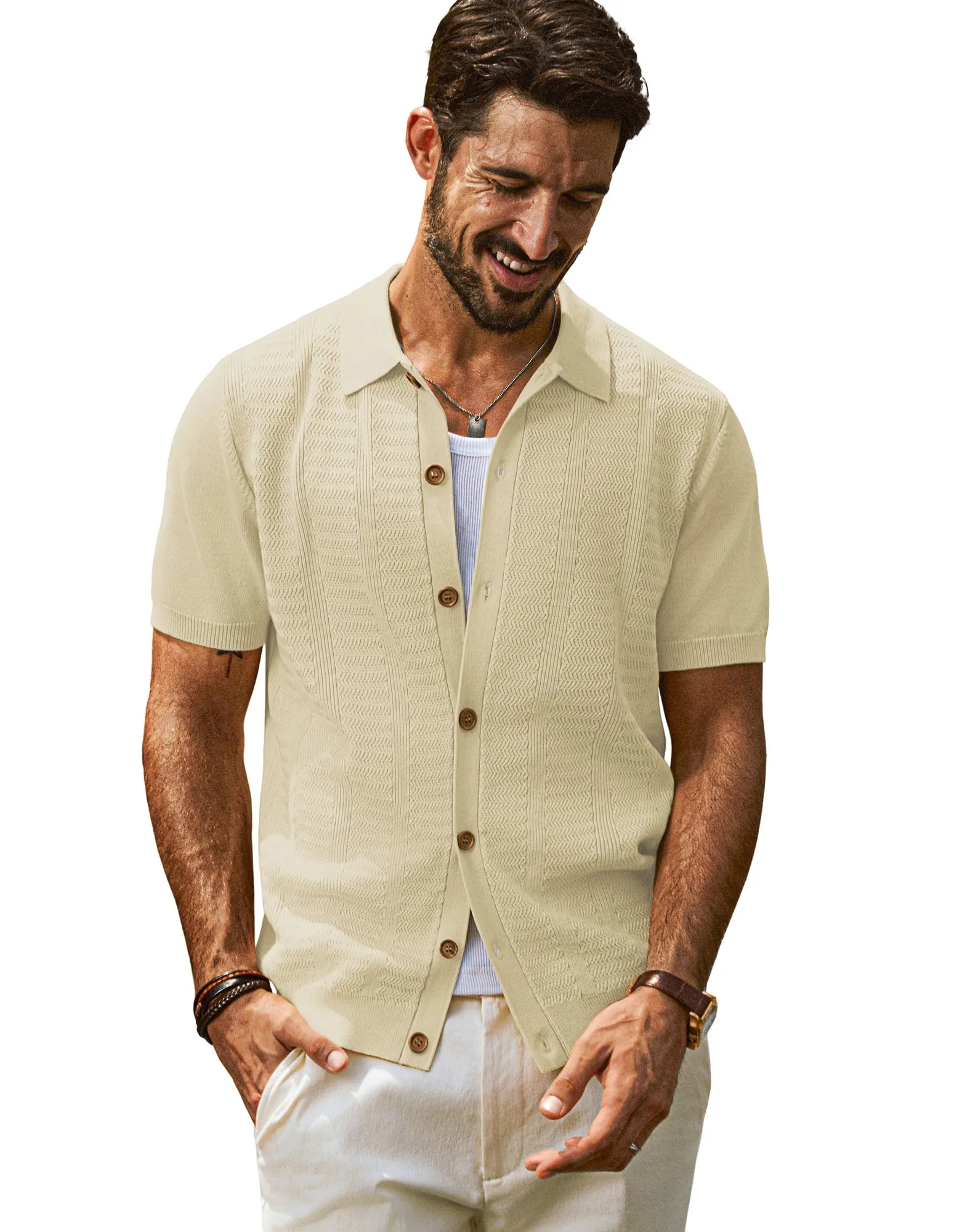 Men Textured Cardigan Sweater Short Sleeve Lapel Collar Button-up Knitwear