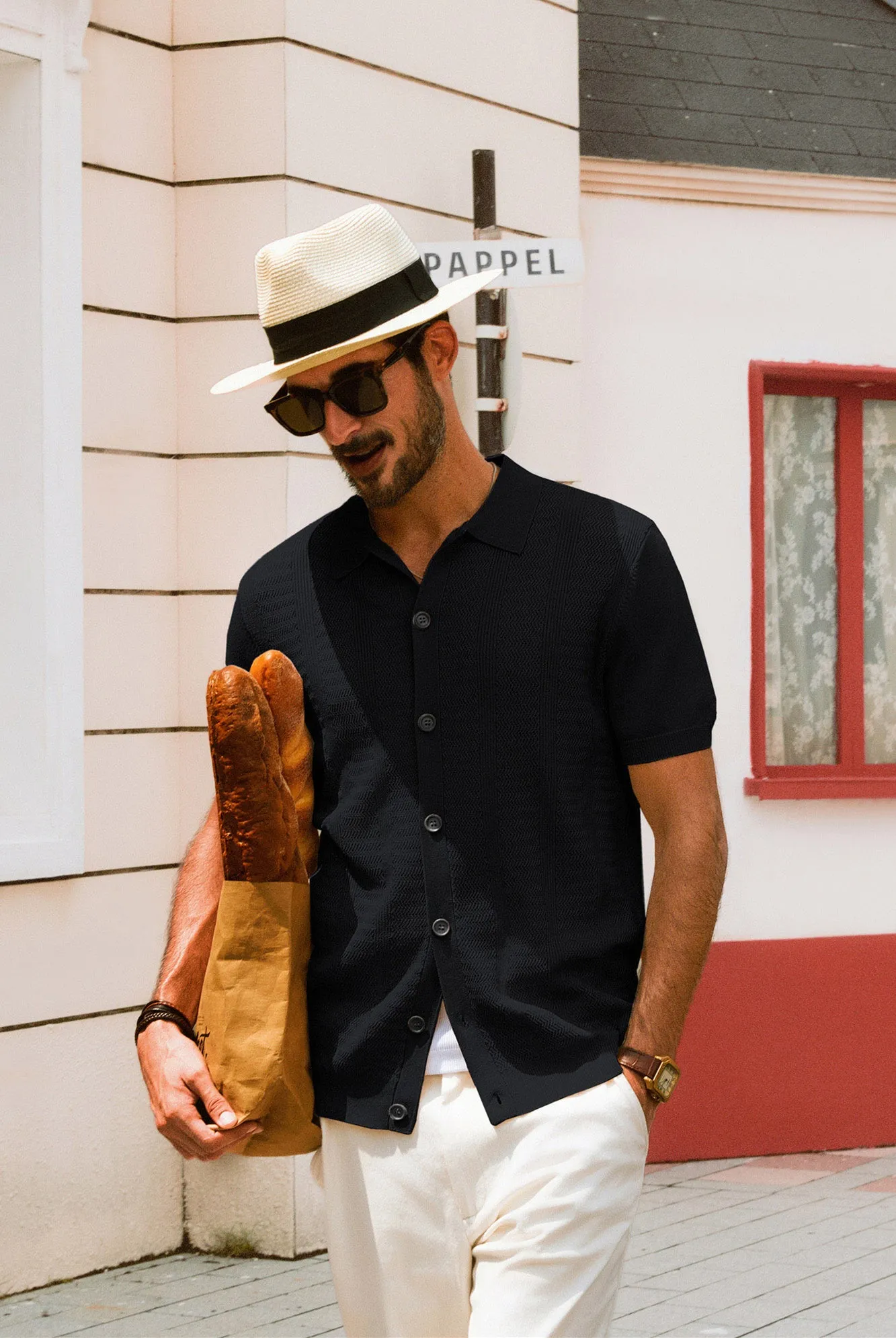 Men Textured Cardigan Sweater Short Sleeve Lapel Collar Button-up Knitwear