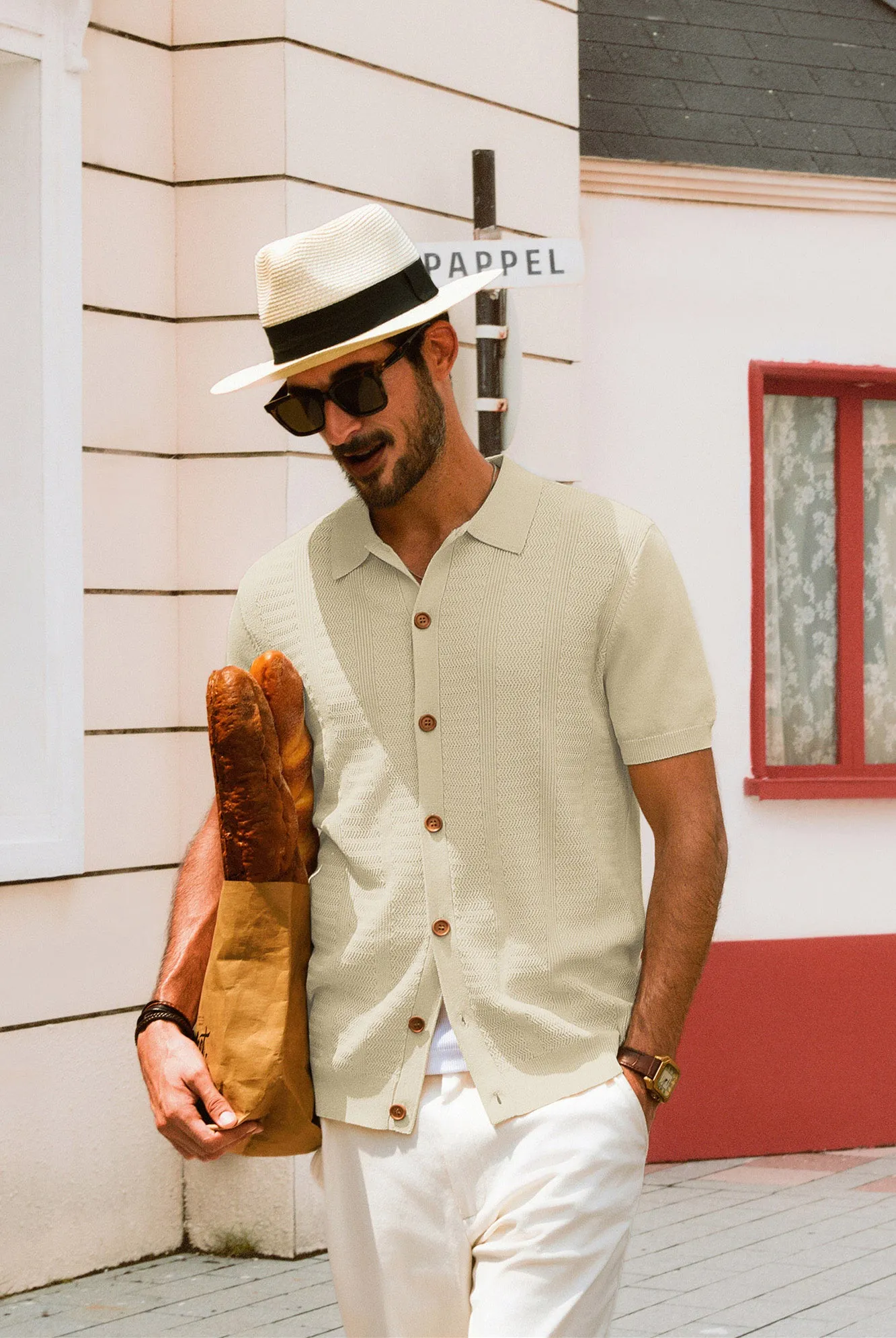 Men Textured Cardigan Sweater Short Sleeve Lapel Collar Button-up Knitwear