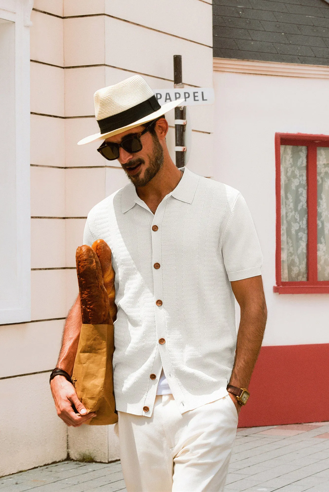 Men Textured Cardigan Sweater Short Sleeve Lapel Collar Button-up Knitwear