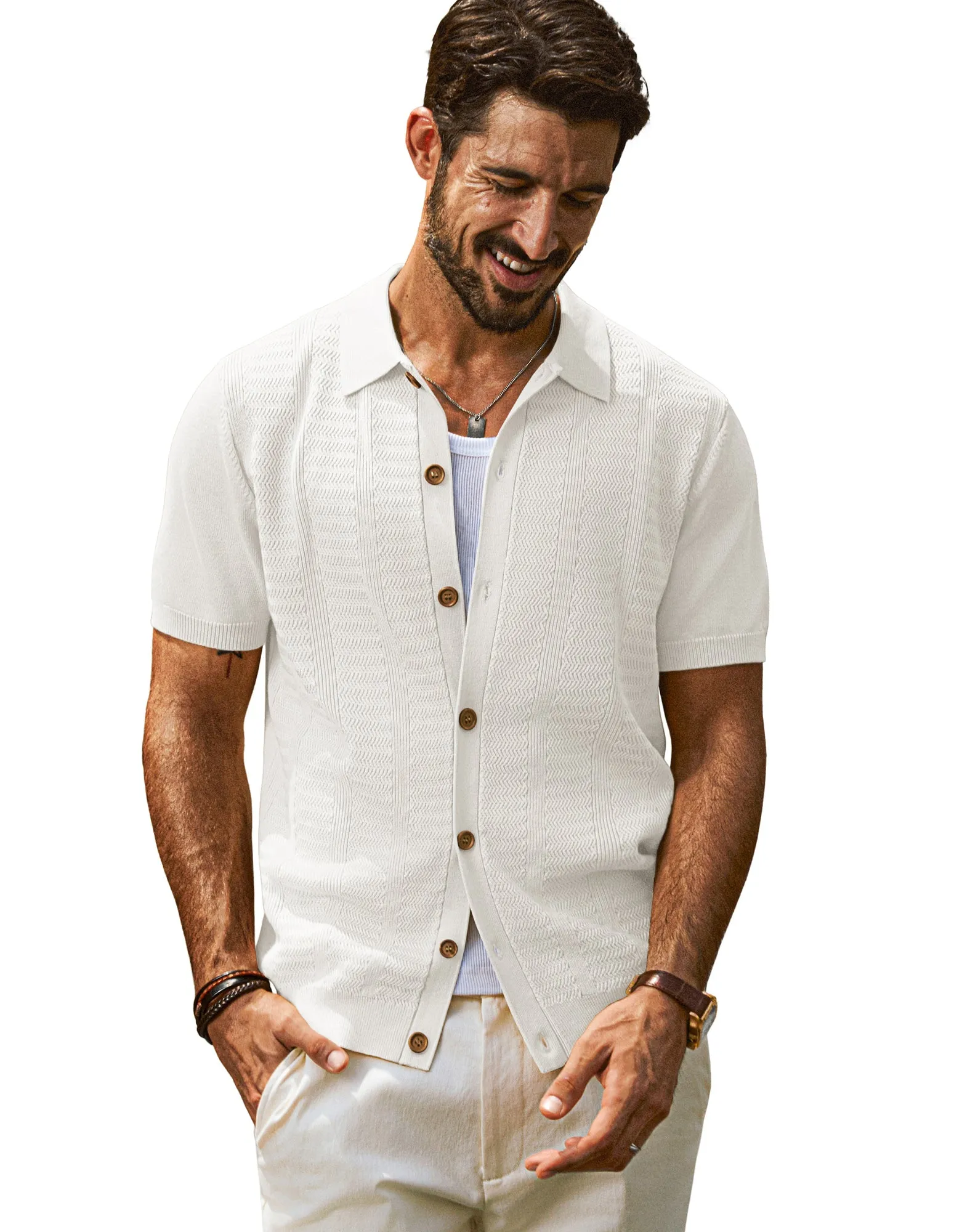 Men Textured Cardigan Sweater Short Sleeve Lapel Collar Button-up Knitwear