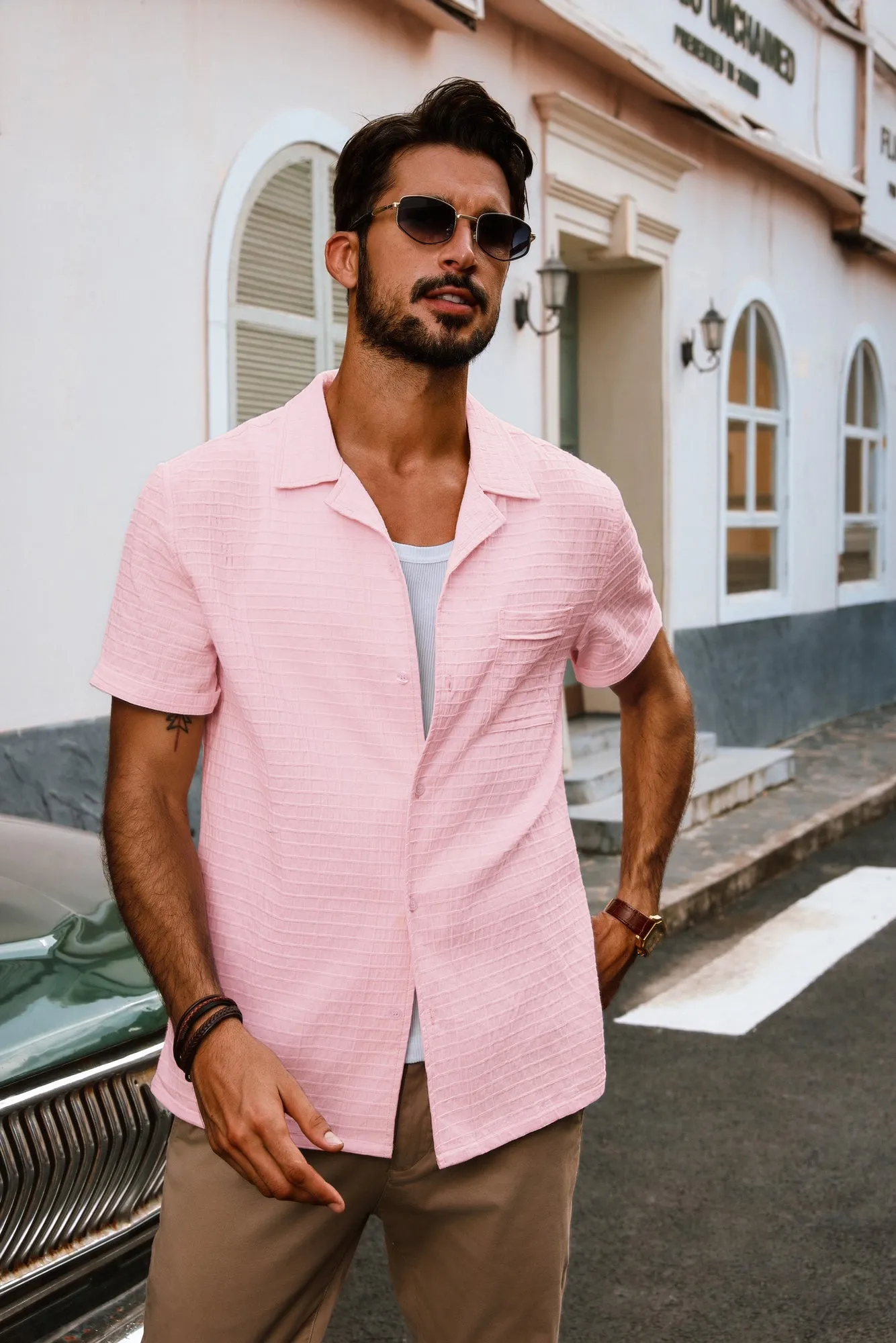 Men Textured Cotton Shirt Casual Short Sleeve Lapel Collar Flat Hem Tops