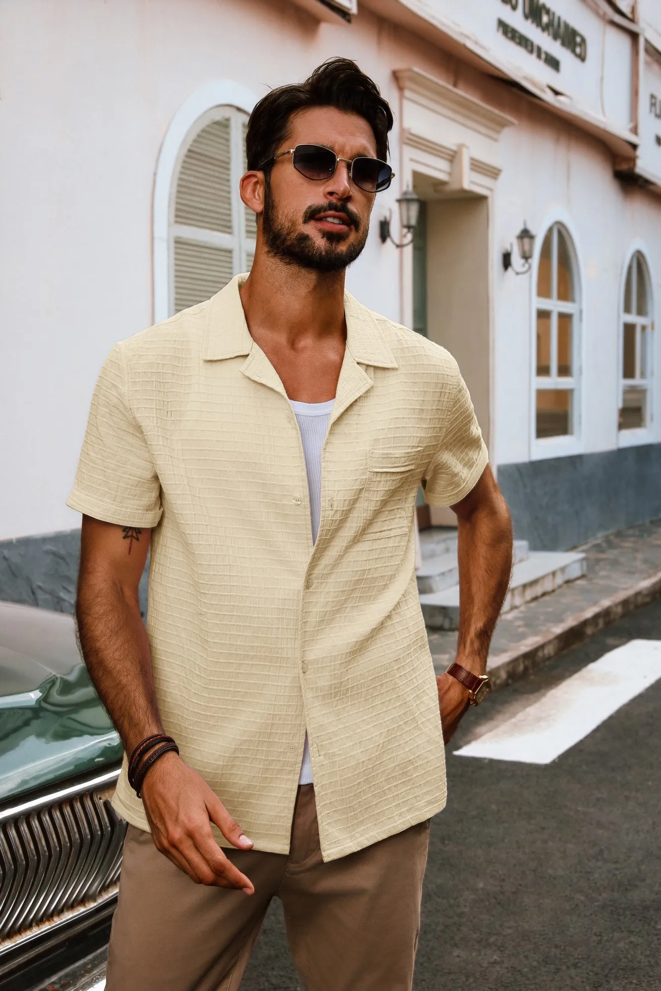 Men Textured Cotton Shirt Casual Short Sleeve Lapel Collar Flat Hem Tops