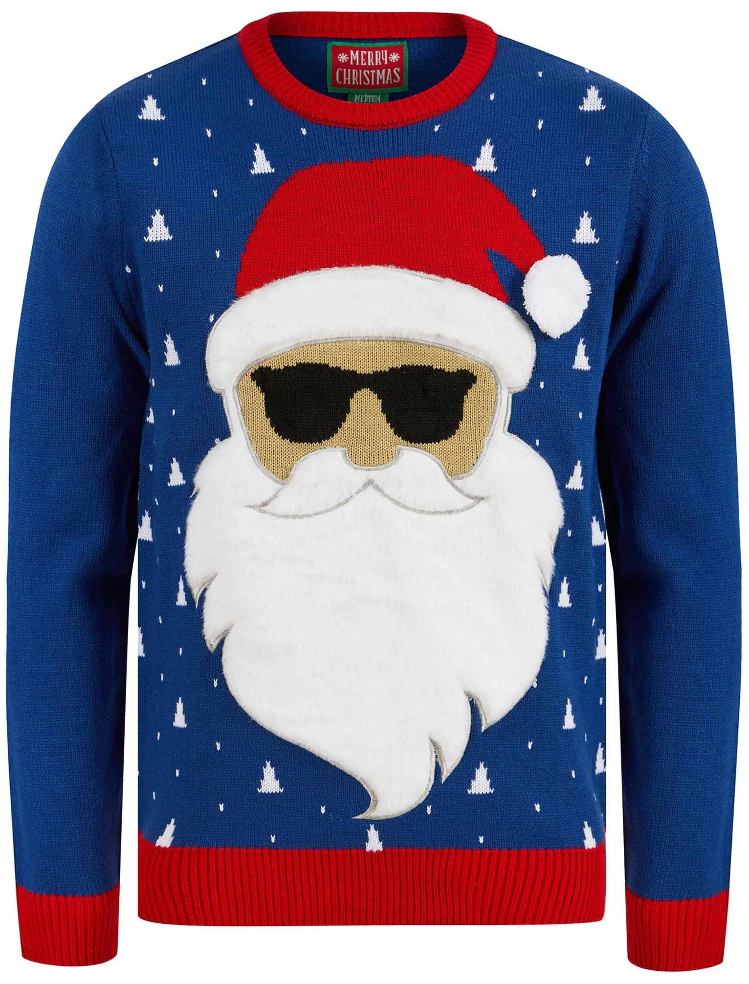 Men's Bearded Santa Motif LED Light Up Novelty Christmas Jumper in Sapphire - Merry Christmas