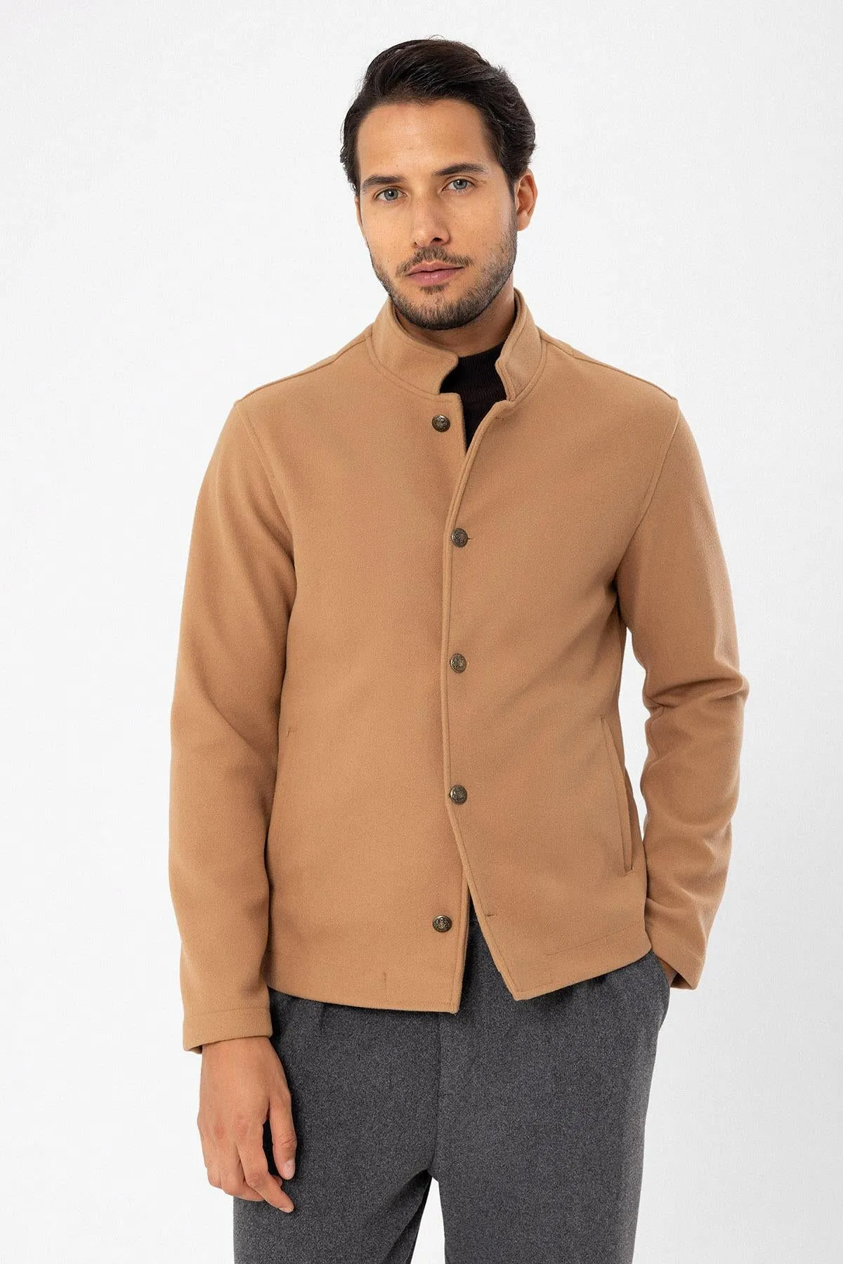 Men's Camel High Collar  Cashmere Coat - Wessi