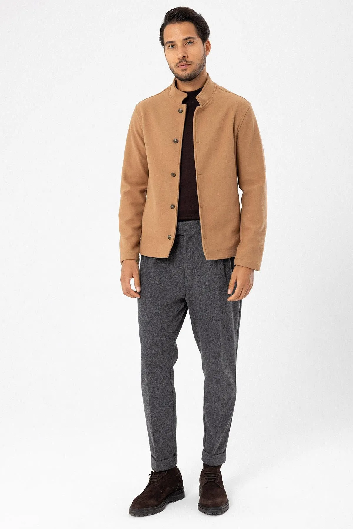 Men's Camel High Collar  Cashmere Coat - Wessi