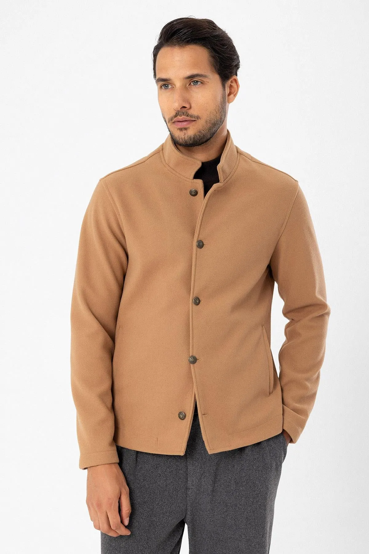Men's Camel High Collar  Cashmere Coat - Wessi