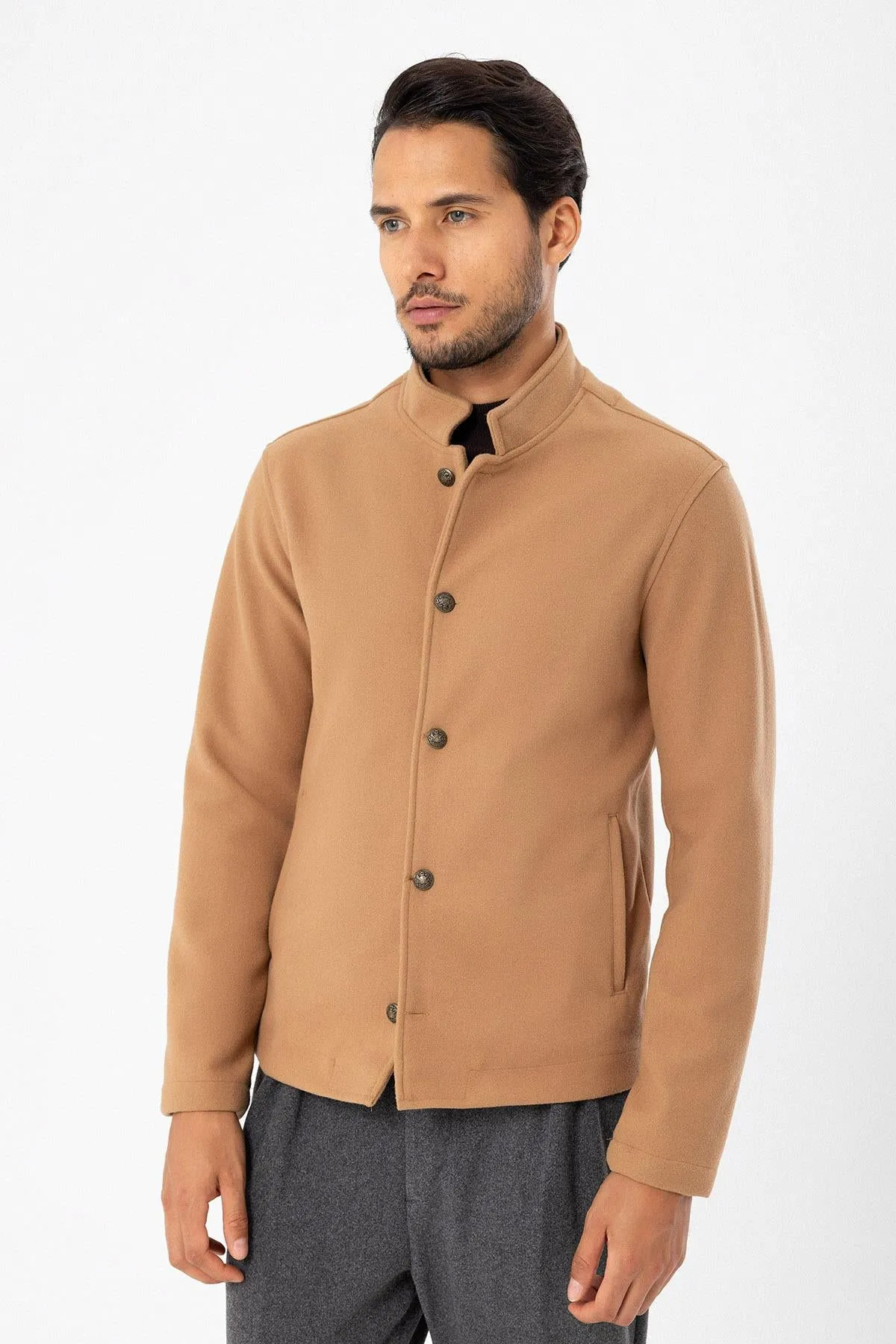 Men's Camel High Collar  Cashmere Coat - Wessi