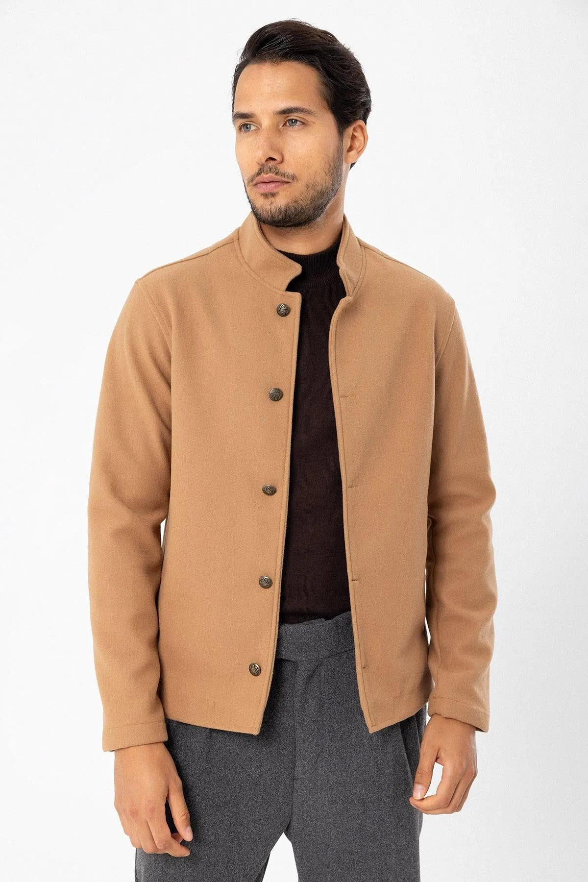 Men's Camel High Collar  Cashmere Coat - Wessi