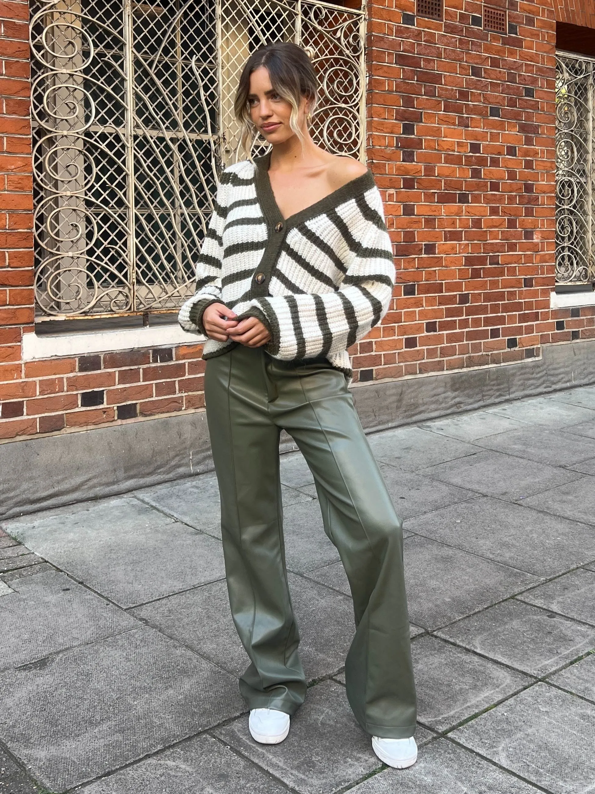 Meredith Cosy Striped Oversized Cardigan / Olive