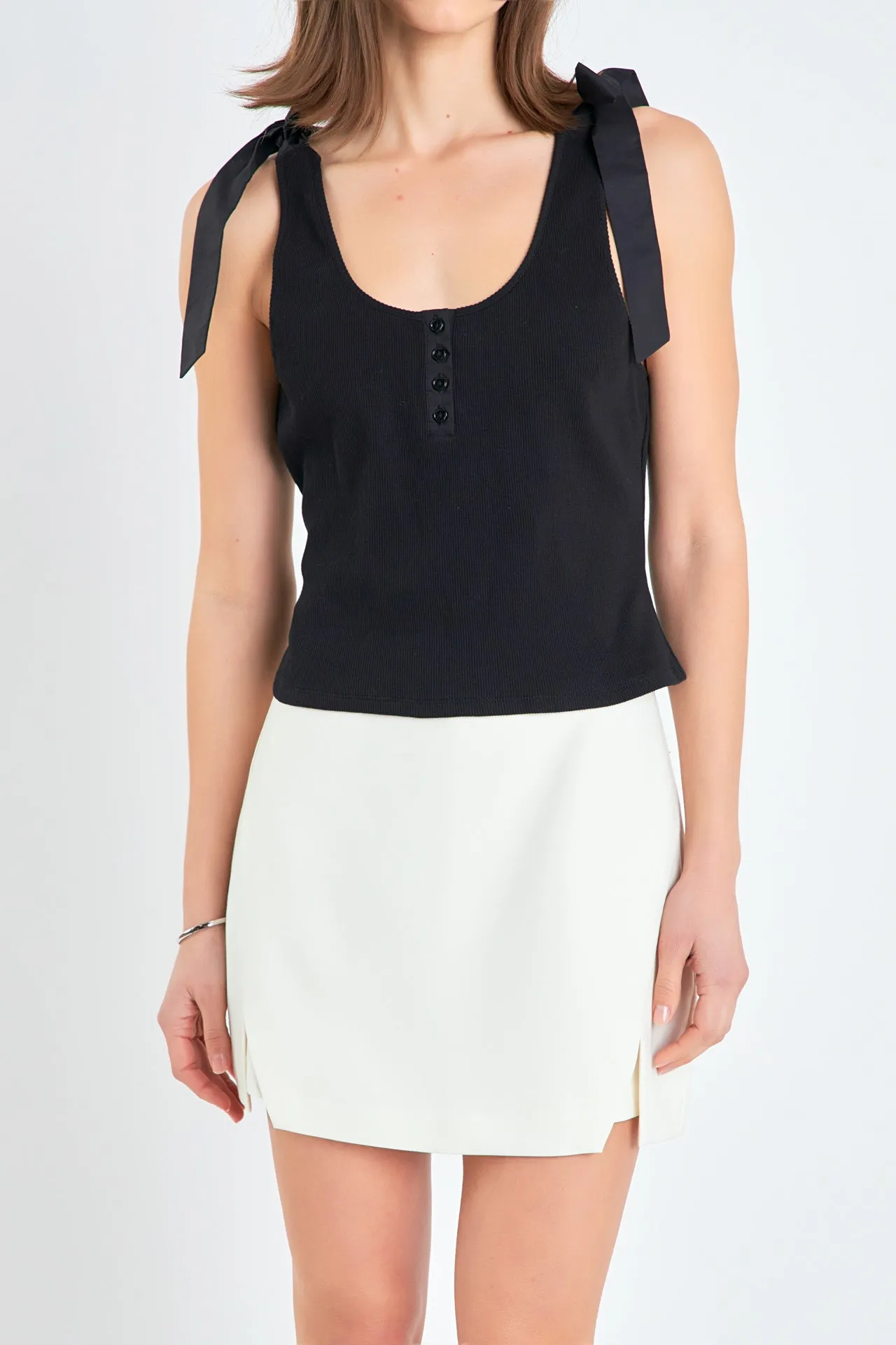 Mixed Media Bow Tie Ribbed Henley Tank
