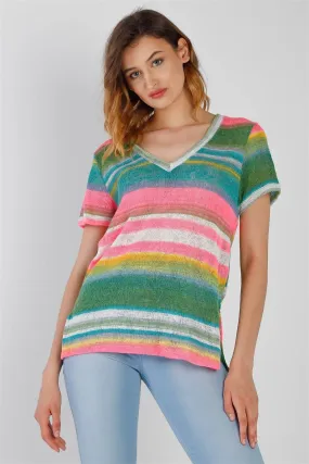 Multi Color Stripe Knit V-Neck Top /1-1-1