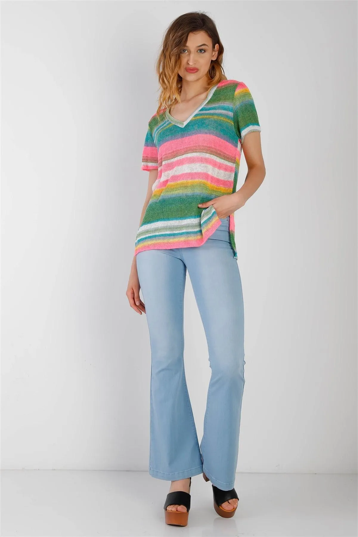 Multi Color Stripe Knit V-Neck Top /1-1-1
