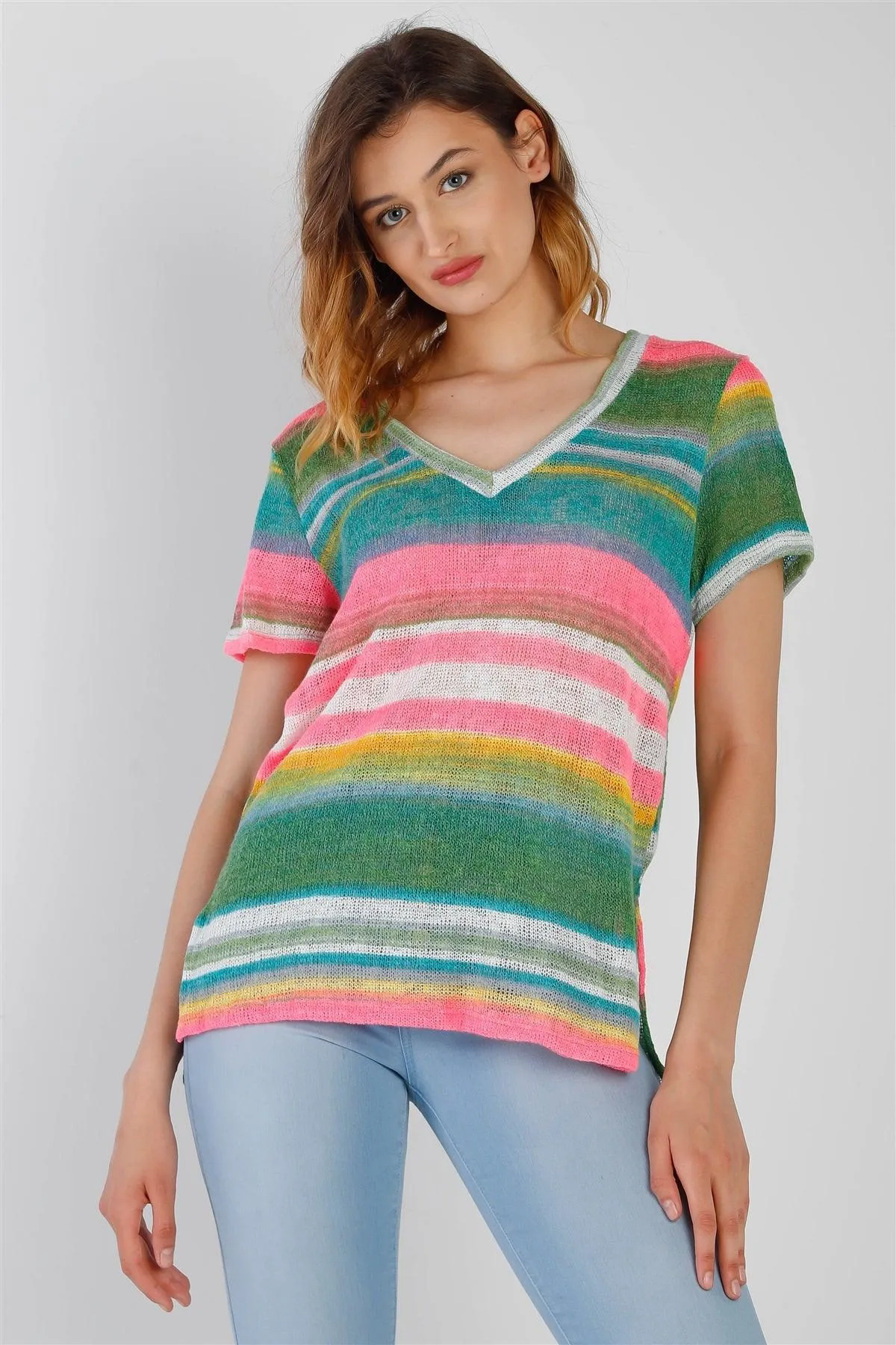 Multi Color Stripe Knit V-Neck Top /1-1-1