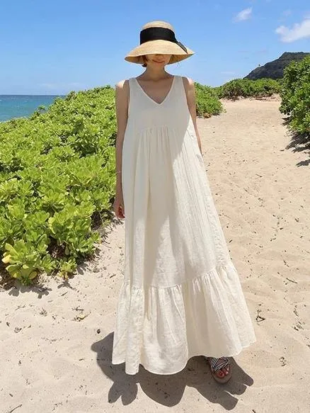 Natural sleeveless patchwork cotton quilting dresses Work white Maxi Dresses