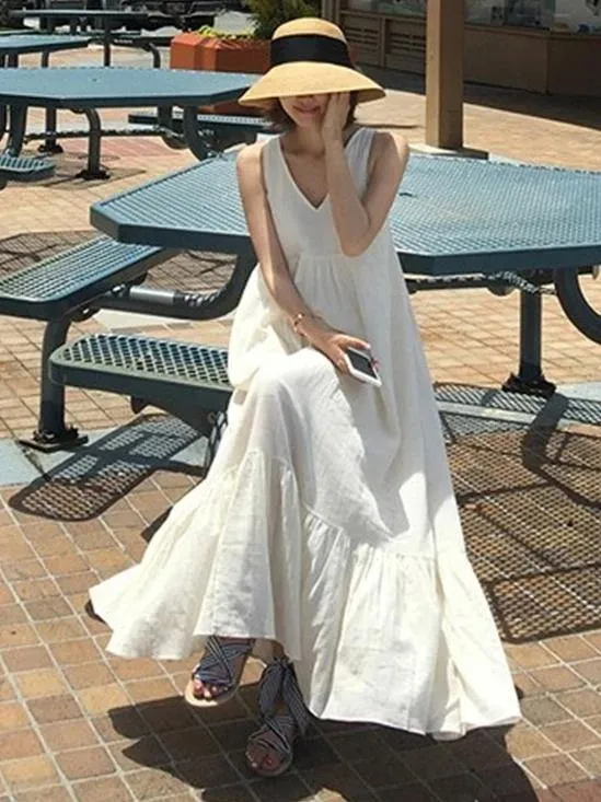Natural sleeveless patchwork cotton quilting dresses Work white Maxi Dresses