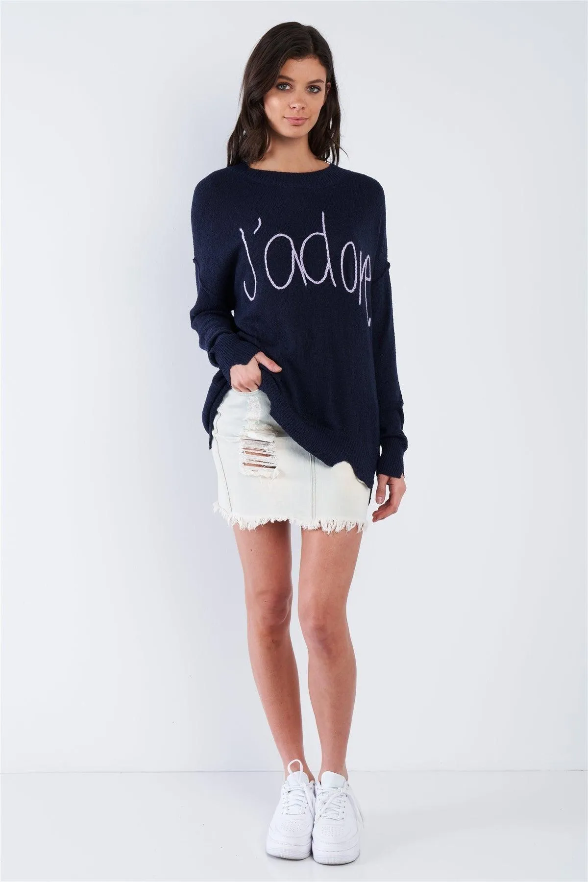 Navy Blue J'adore Print Sweater