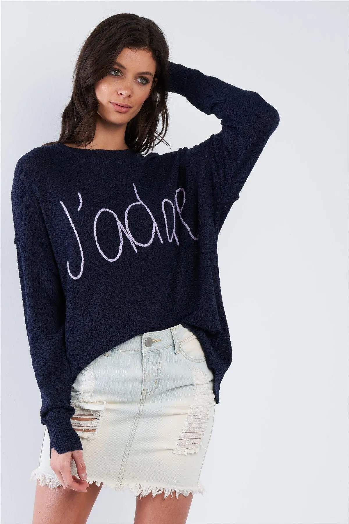 Navy Blue J'adore Print Sweater