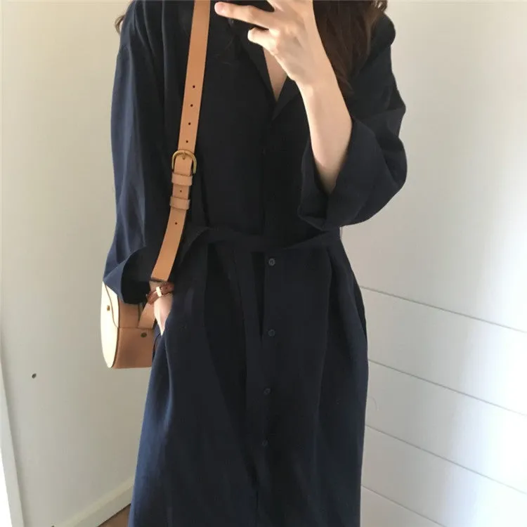 Navy Solid Long Sleeved Shirt Cardigan Dress