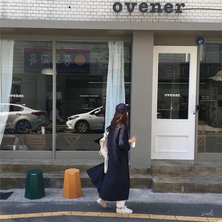 Navy Solid Long Sleeved Shirt Cardigan Dress