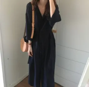 Navy Solid Long Sleeved Shirt Cardigan Dress