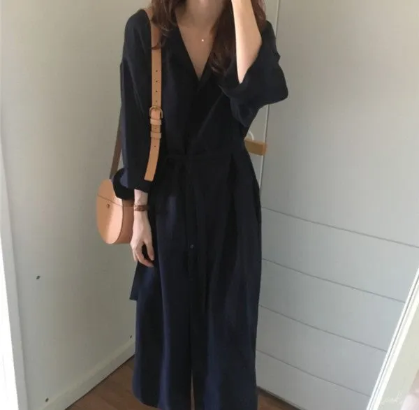 Navy Solid Long Sleeved Shirt Cardigan Dress