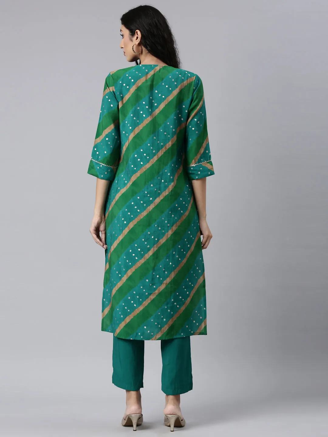 Neerus Green Panelled Straight Kurta and Trousers