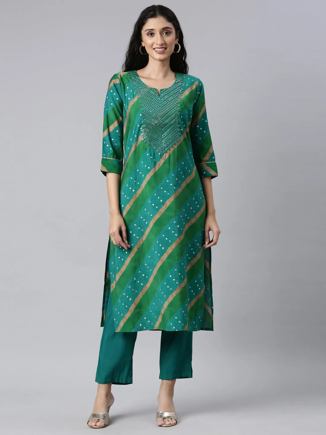 Neerus Green Panelled Straight Kurta and Trousers