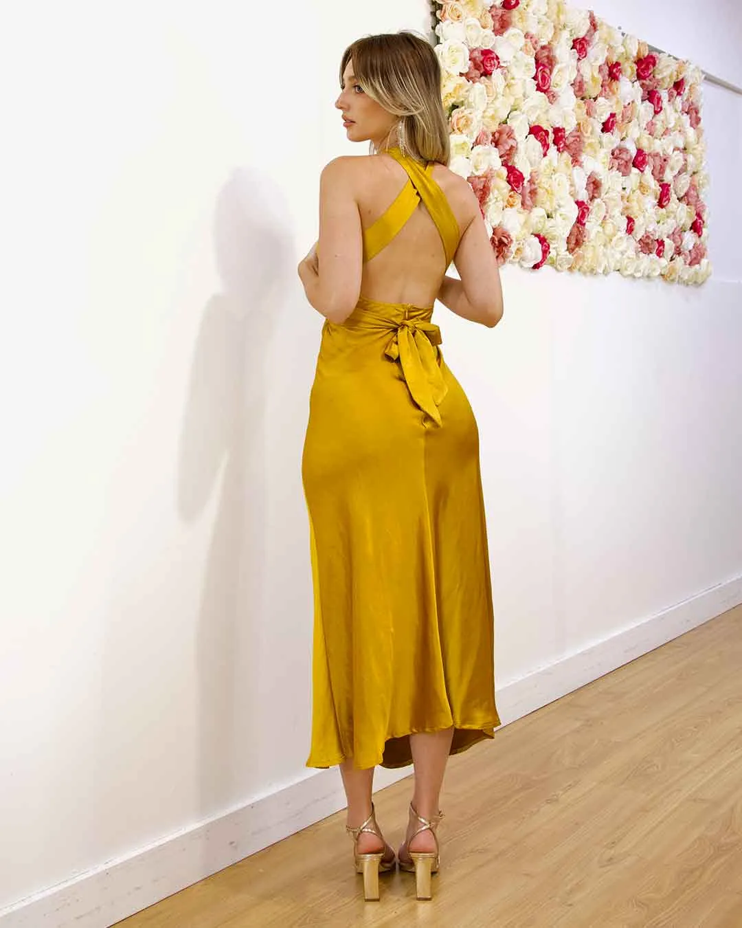 Nicola Satin Midi Dress - Mustard 2.0