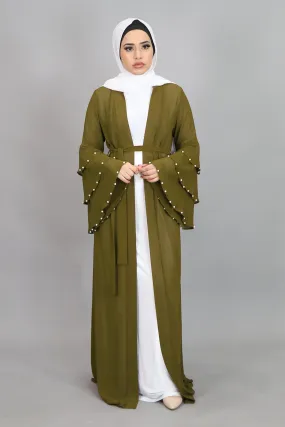 Olive Green Chiffon Pearls Abaya Buttoned-Down Cardigan Dress