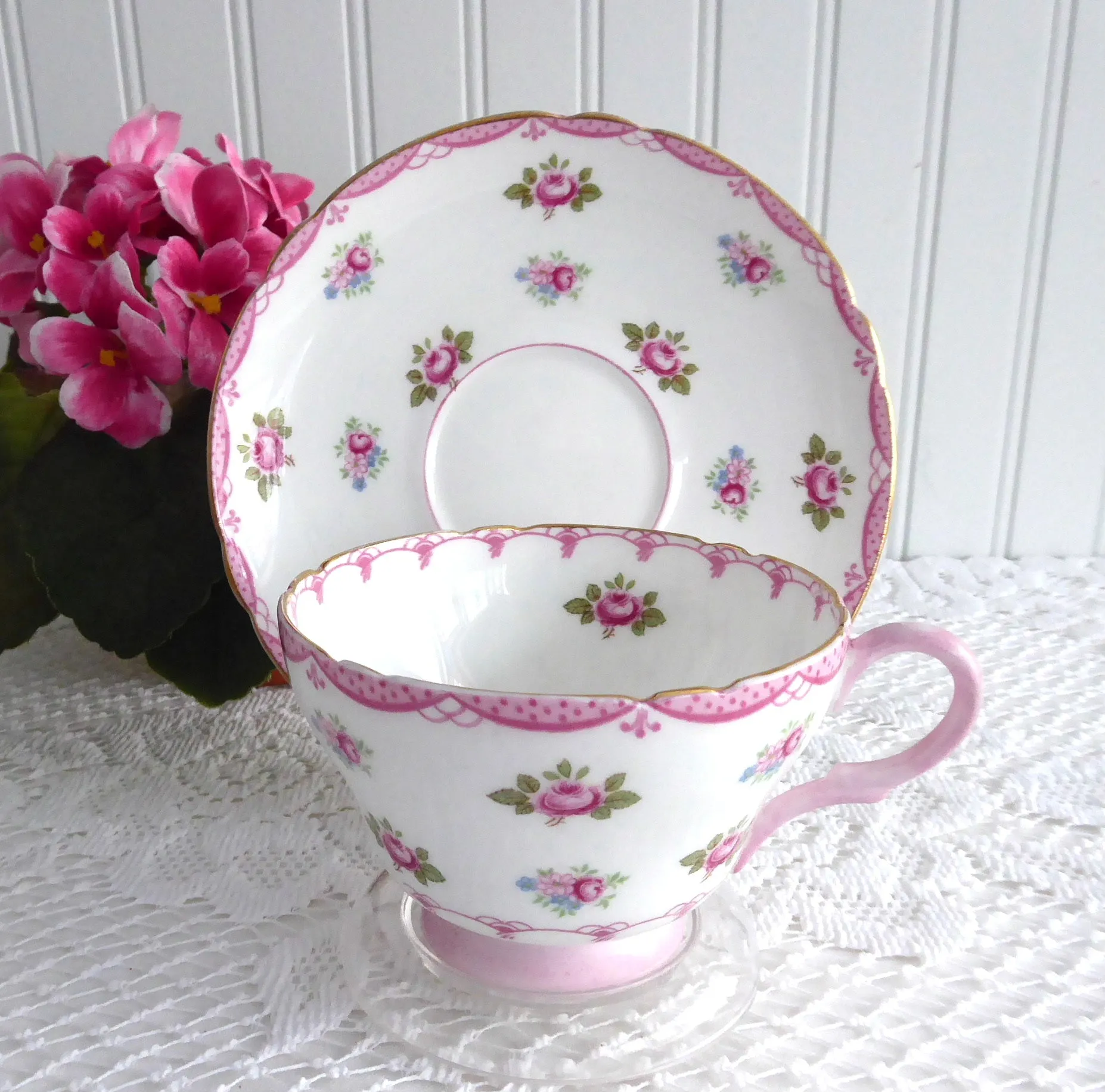 Pink Rosebuds Shelley Cup And Saucer Henley Shape 1950s Pink Bunting Trim