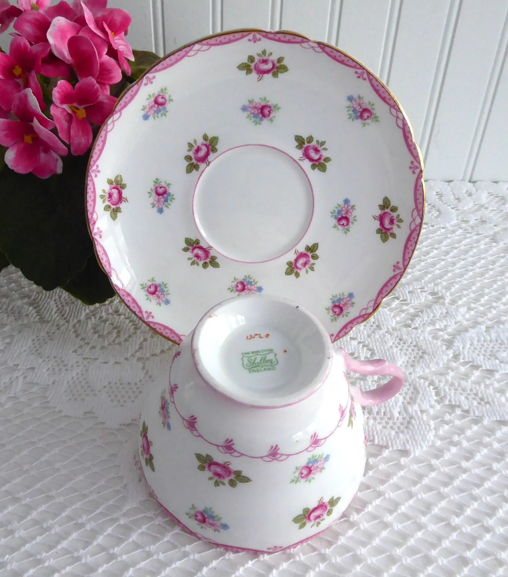 Pink Rosebuds Shelley Cup And Saucer Henley Shape 1950s Pink Bunting Trim