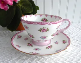 Pink Rosebuds Shelley Cup And Saucer Henley Shape 1950s Pink Bunting Trim