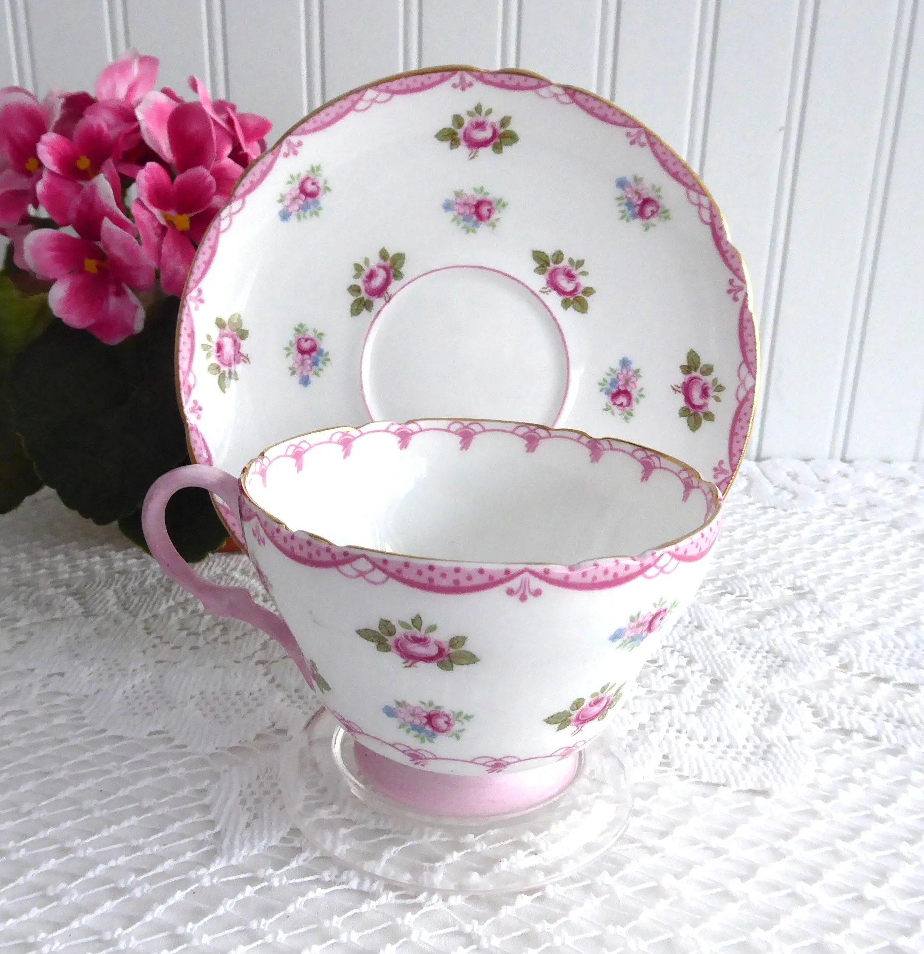 Pink Rosebuds Shelley Cup And Saucer Henley Shape 1950s Pink Bunting Trim