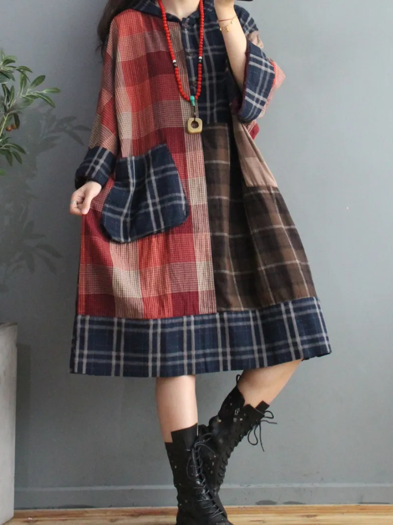 Plaid Cotton Loose Large Pockets Hooded Dress