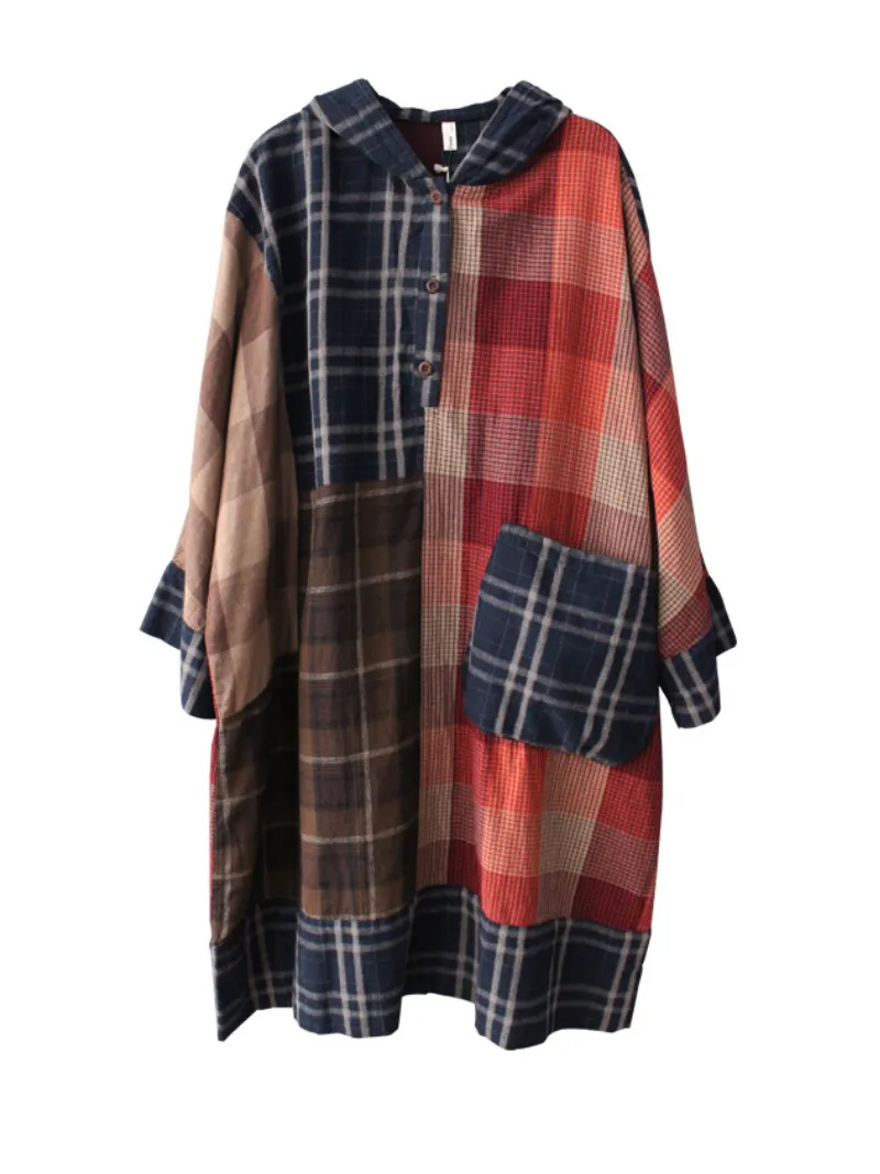 Plaid Cotton Loose Large Pockets Hooded Dress