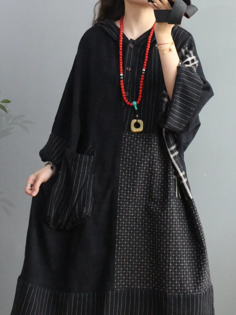 Plaid Cotton Loose Large Pockets Hooded Dress