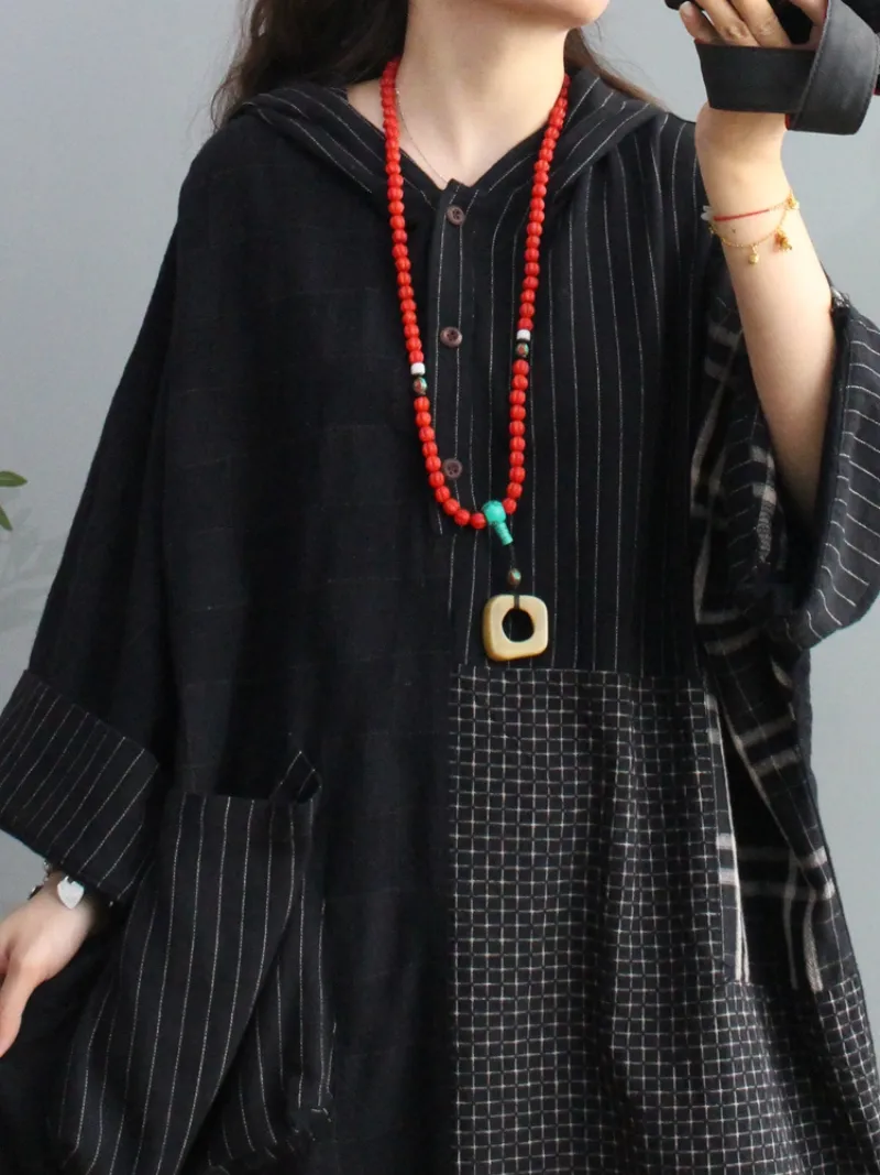 Plaid Cotton Loose Large Pockets Hooded Dress