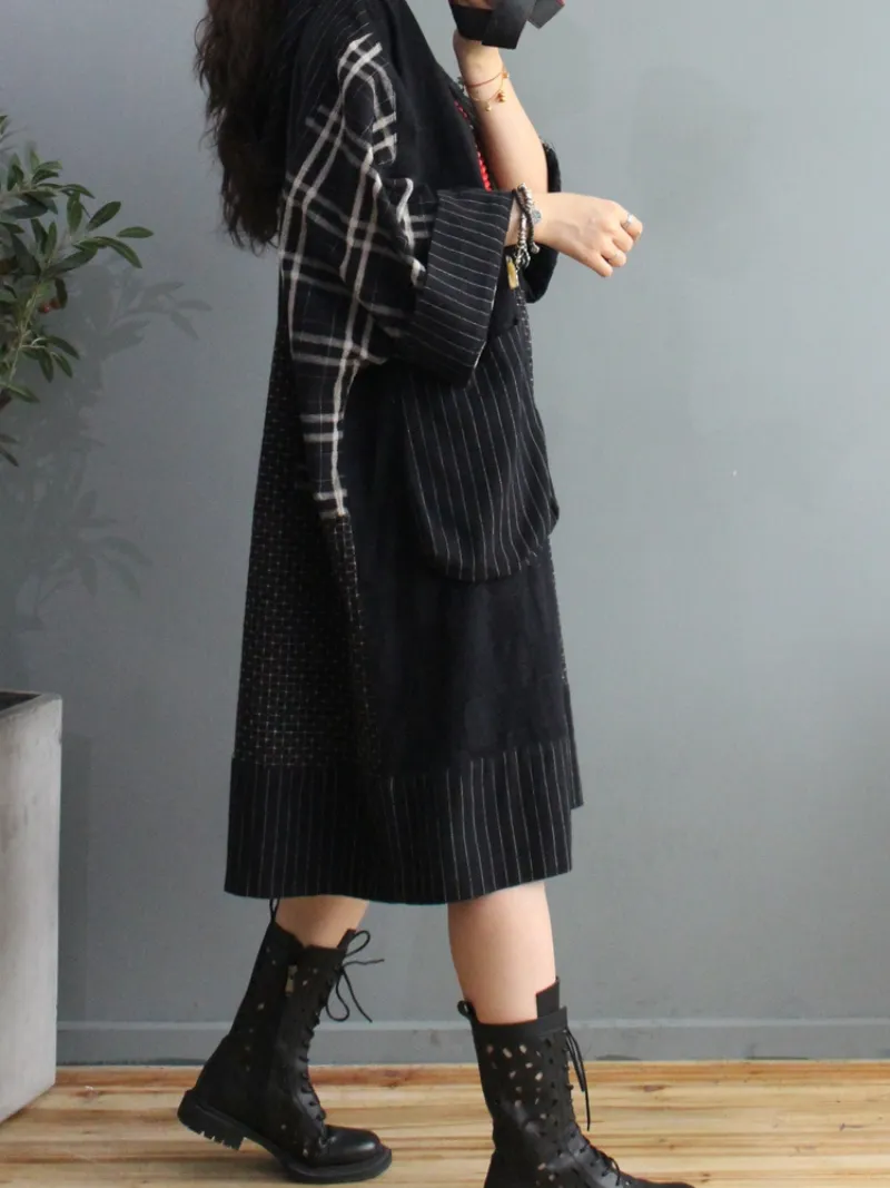 Plaid Cotton Loose Large Pockets Hooded Dress