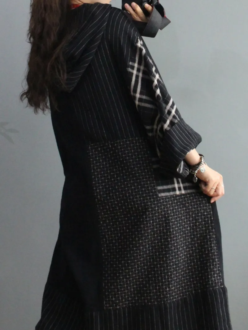 Plaid Cotton Loose Large Pockets Hooded Dress