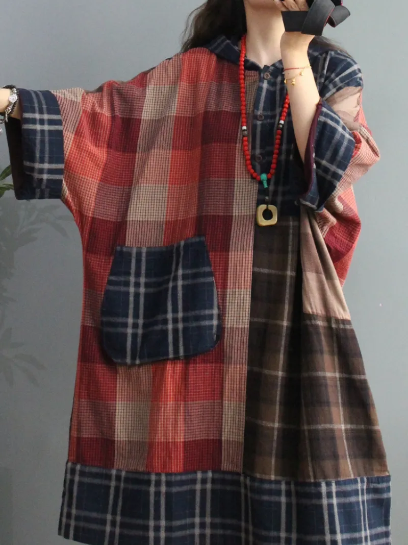 Plaid Cotton Loose Large Pockets Hooded Dress