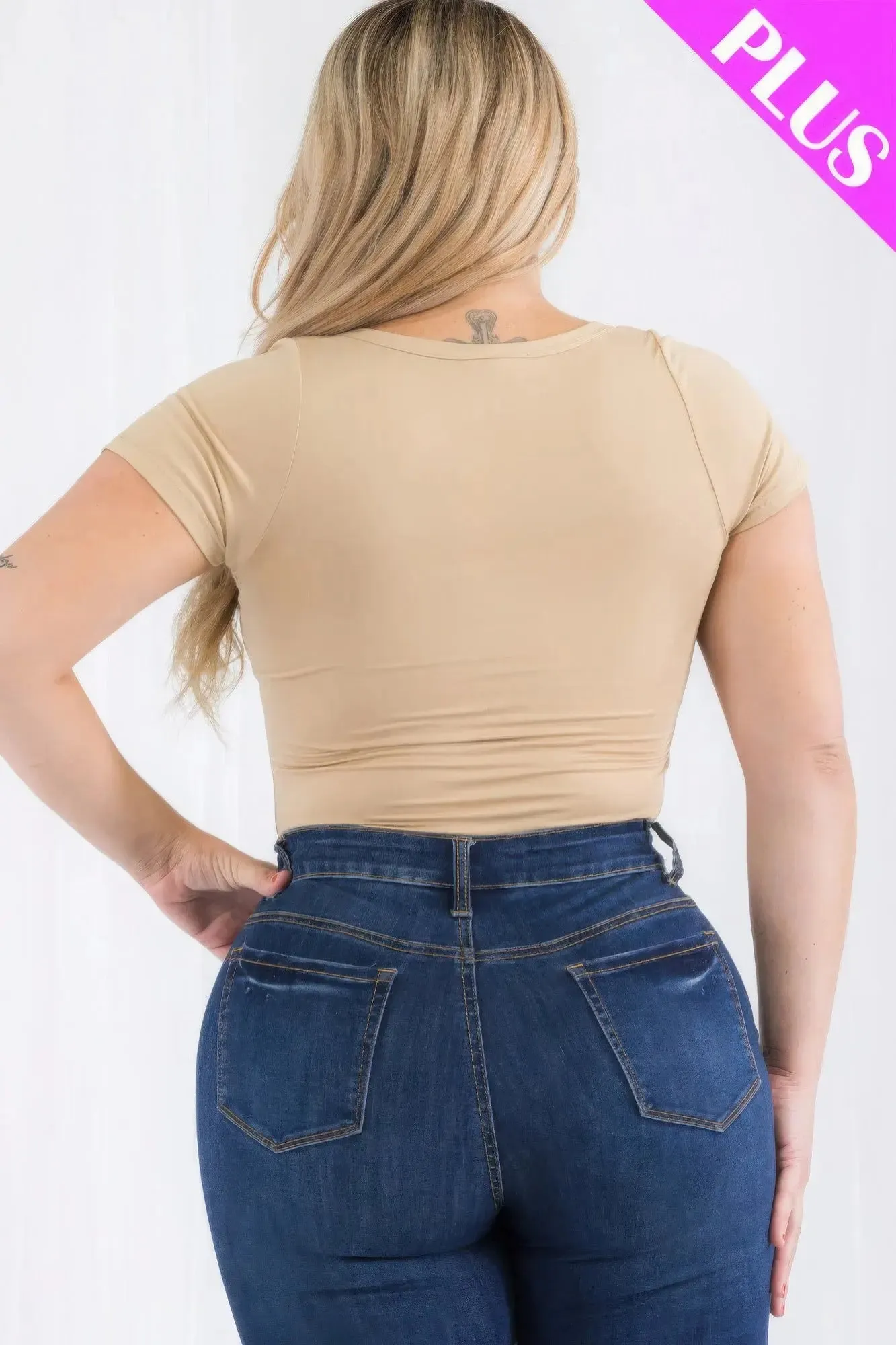 Plus Size Casual Split Neck Solid Short Sleeve Bodysuit