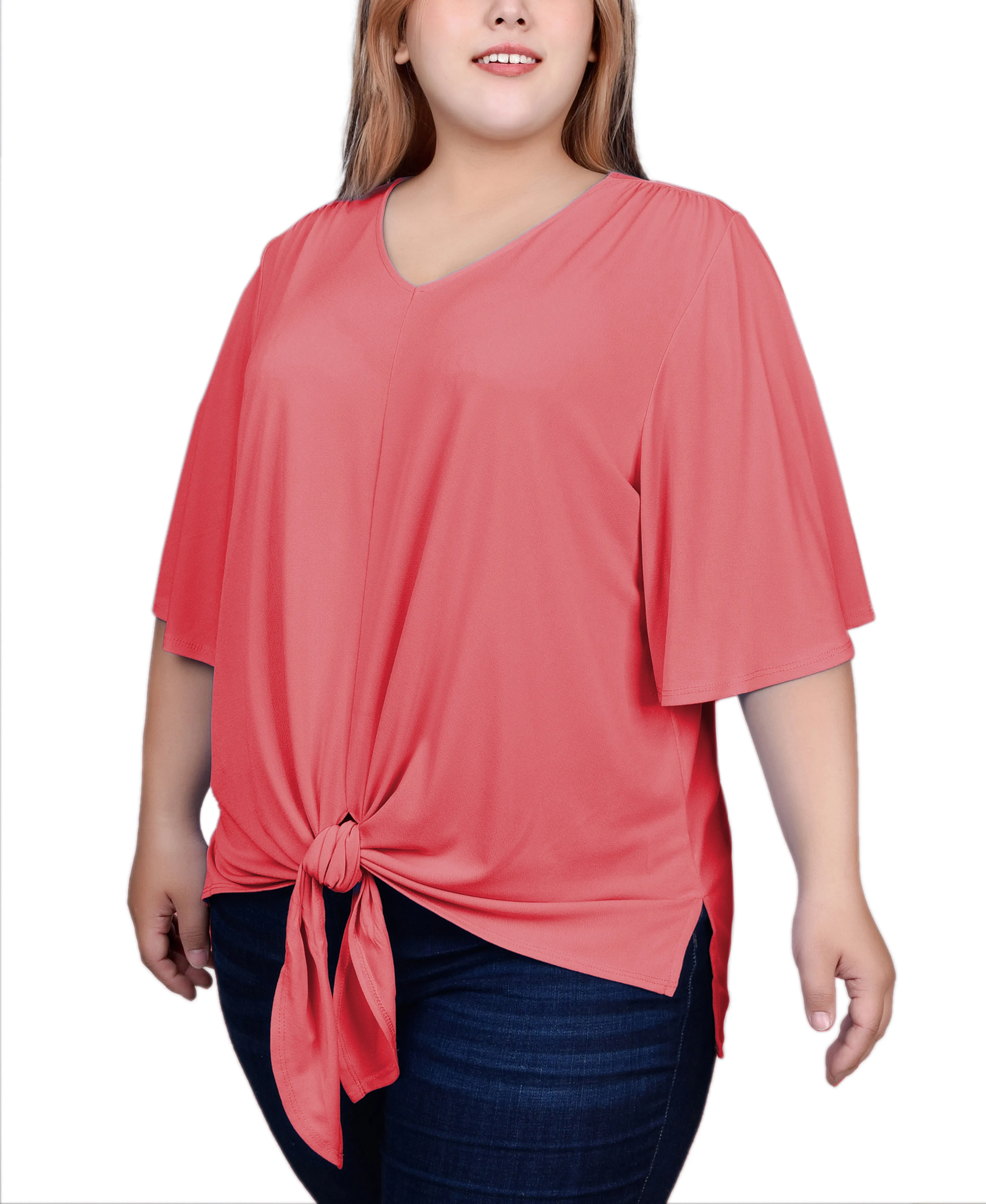 Plus Size Elbow Sleeve Tie-Front Top