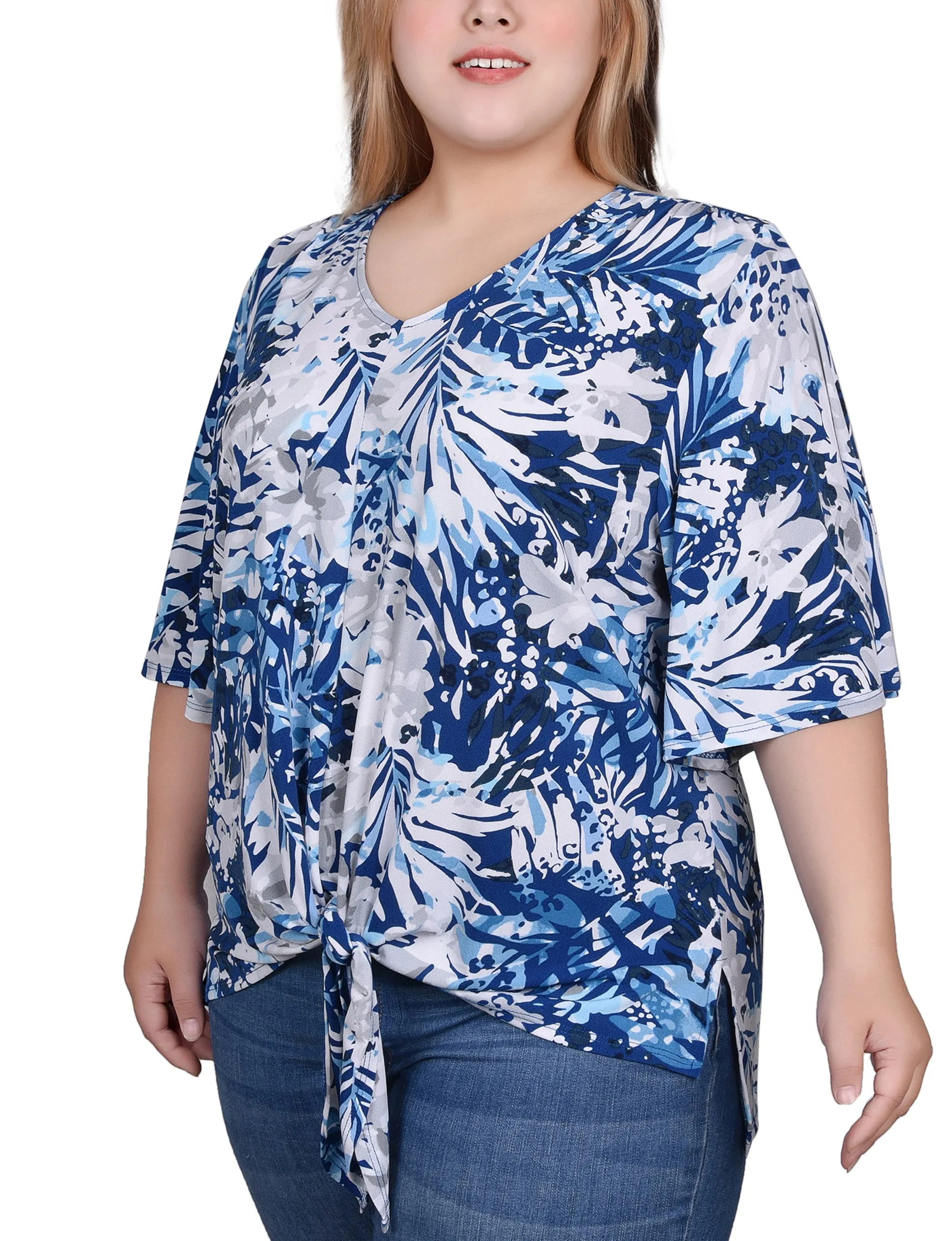 Plus Size Elbow Sleeve Tie-Front Top
