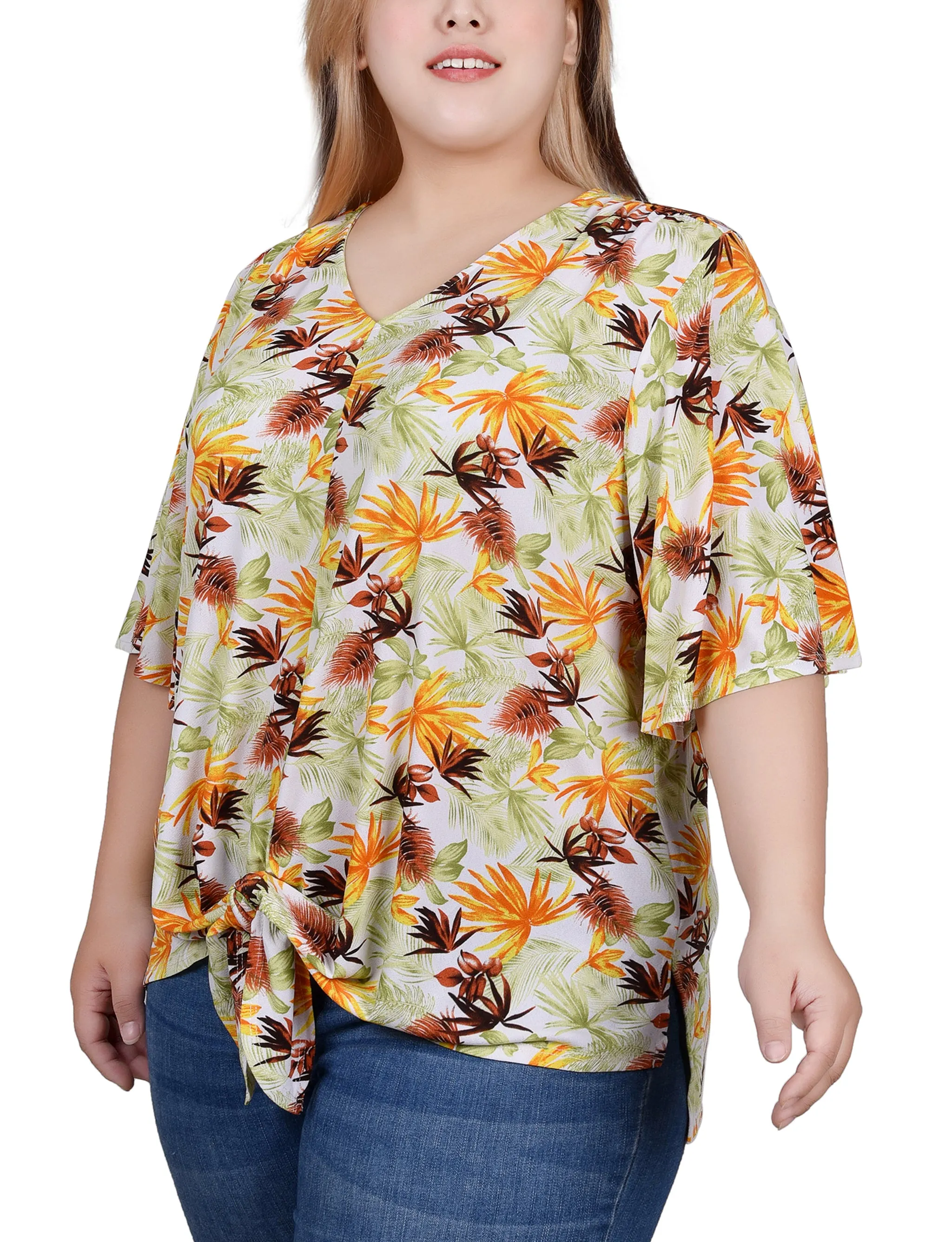 Plus Size Elbow Sleeve Tie-Front Top